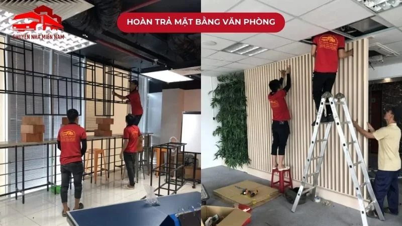 đội ngũ công nhân thực hiện công việc hoàn trả mặt bằng văn phòng