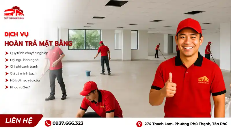 Dịch vụ hoàn trả mặt bằng sau khi Kubet miền Nam, đảm bảo không gian sạch sẽ, gọn gàng và sẵn sàng cho thuê hoặc sử dụng lại.
