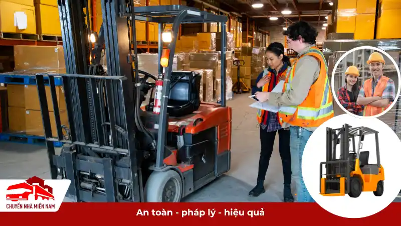 Nhân viên kiểm tra an toàn xe nâng trong kho, với một chiếc xe nâng bên cạnh.