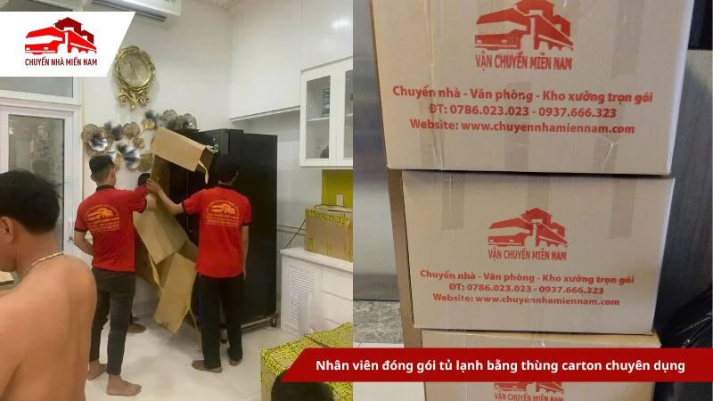 Nhân viên đóng gói tủ lạnh bằng thùng carton chuyên dụng