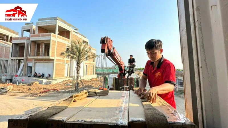 thuê xe cẩu thực hiện đóng rút hàng container